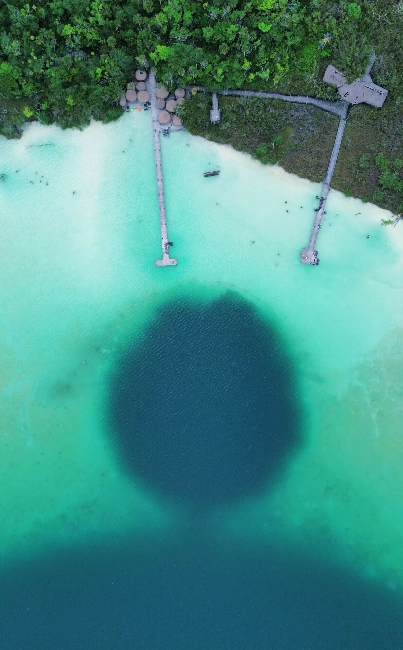 foto de la laguna kaan luum desde el drone. se ve perfectamente el cambio de color en la laguna donde esta el cenote. turquesa alrededor y al centro un circulo azul oscuro.