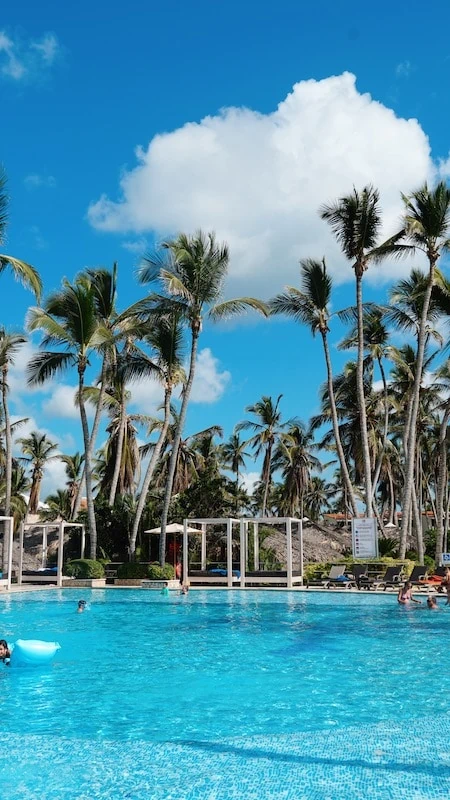 hotel all inclusive en punta cana, republica dominicana. foto de la pileta con palmeras y un camastro