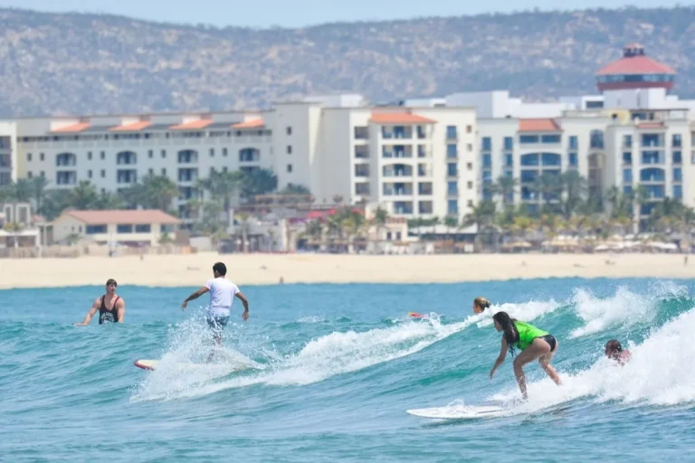 foto tomada desde el mar. se ven varios surfistas. de fondo montañas y edificios