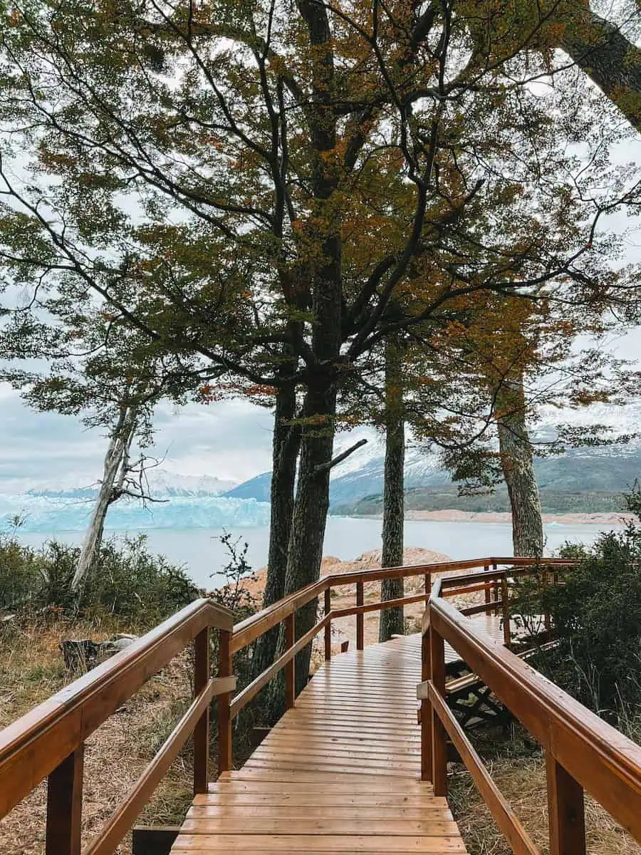 pasarela del parque perito moreno con el lago de fondo